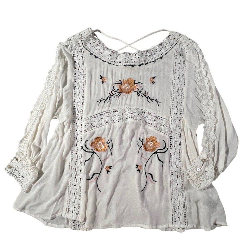 POL Embroidered Floral Lace Blouse Women S White WFT45 Boho Crochet Pintuck Top‎ - Picture 2 of 9